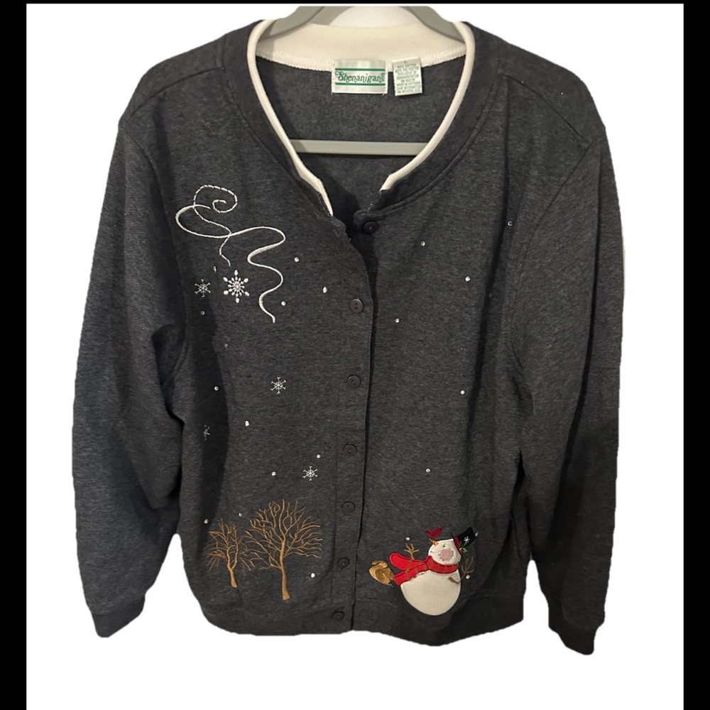 Shenanigan Snowman Embroidered Button Front Sweatshirt Cardigan L Winter Holiday